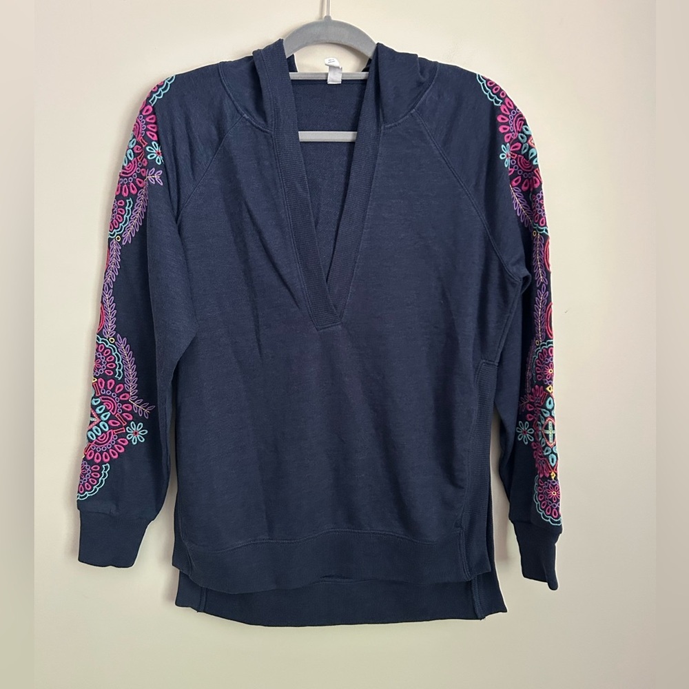 Anthropologie Daily Practice Embroidered Navy Blue Hoodie Size XS